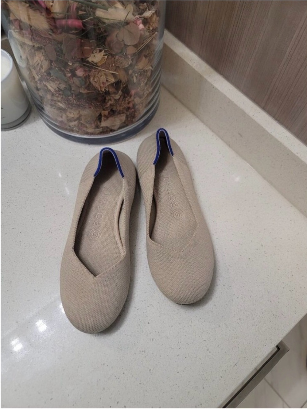 Rothy's Beige Knit Slip-On Flats with Blue Trim